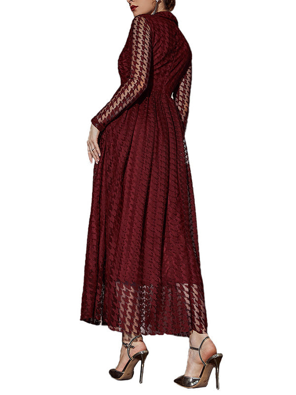 Robe longue boutonnée transparente taille haute, à manches longues, en gaze, à col en V, couleur unie