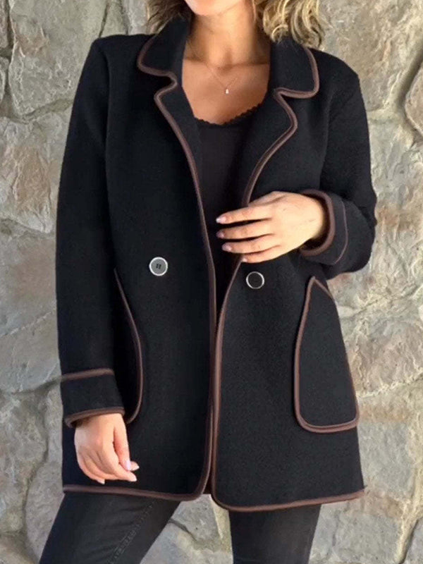 Manteau en laine ample boutonné à manches longues, à poches, à empiècements, à col cranté