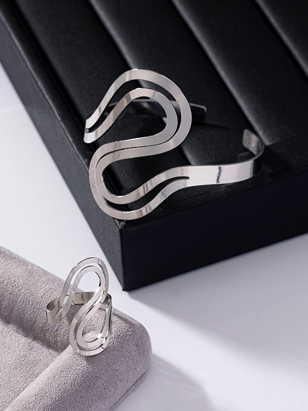 Bracelet géométrique creux de couleur unie + bagues, accessoires deux pièces