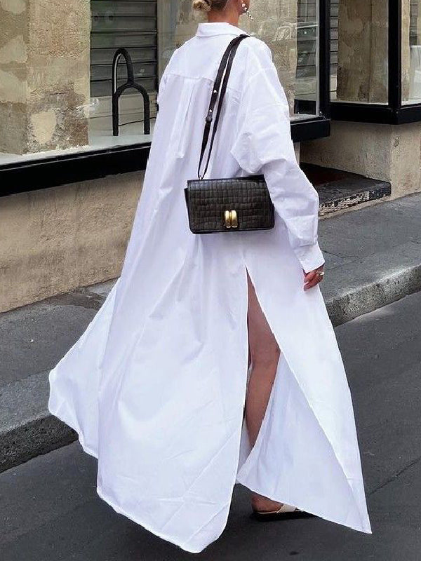 Robe chemise longue à manches longues, ample, boutonnée, couleur unie, revers fendu sur le côté
