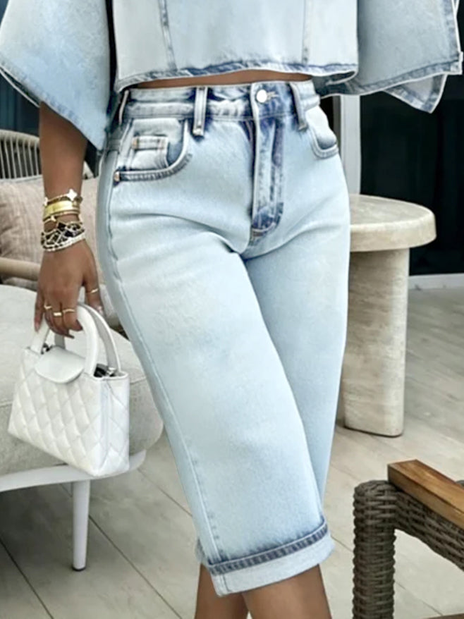 Short boutonné taille haute, à poches, à empiècements, en jean, couleur contrastée