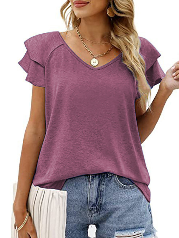 T-shirt ample à manches volantées, à double rang, à empiècements, à col rond, couleur unie