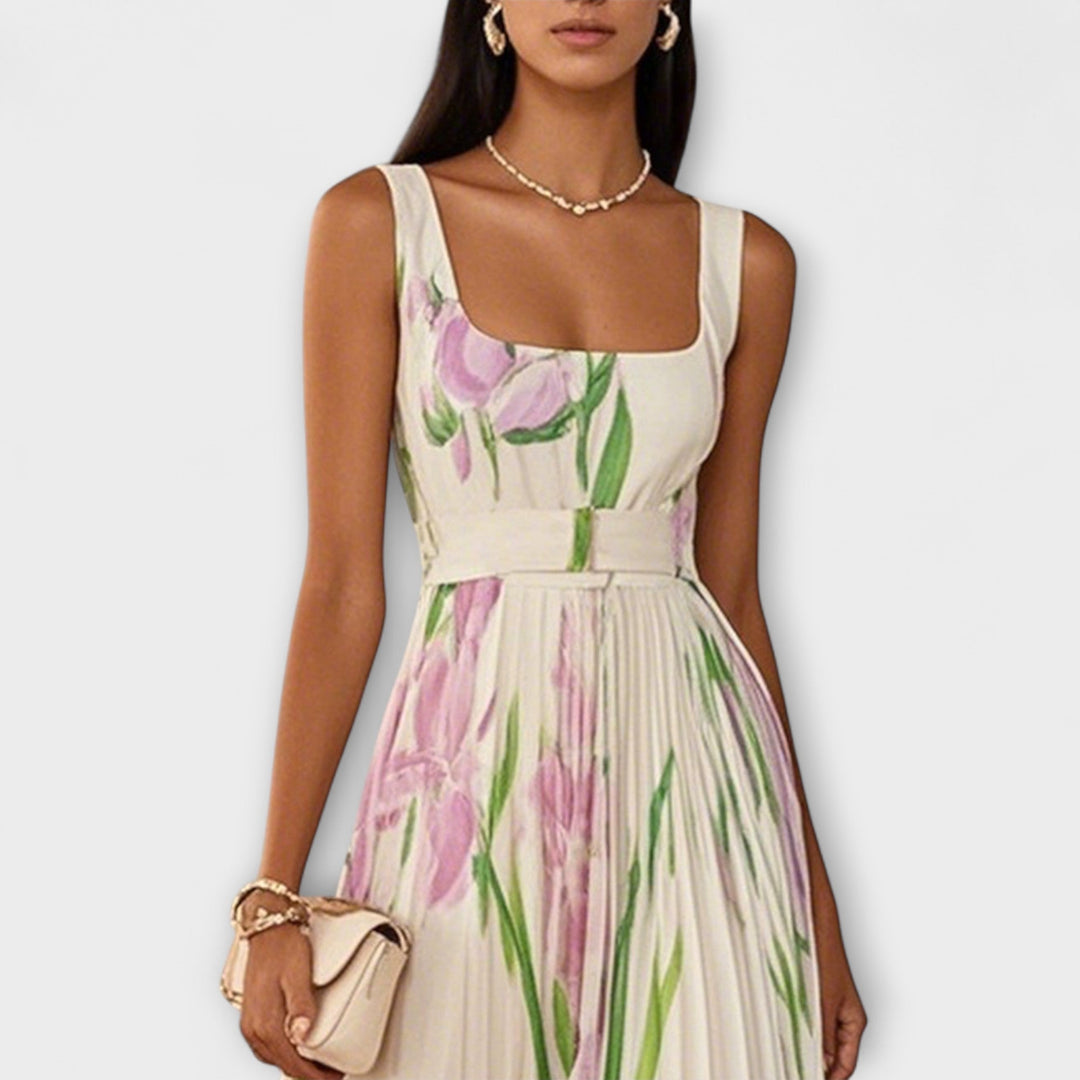 Robe maxi plissée en chiffon avec motif floral