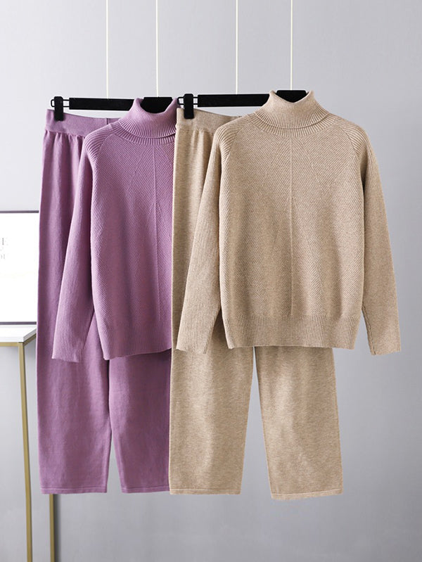 Pull urbain à manches longues, ample, uni, demi-col roulé, hauts & pantalons à jambes larges, ensemble deux pièces