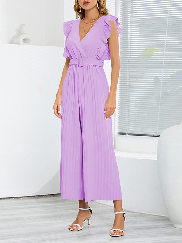 Combinaison ample plissée volantée taille haute, avec ceinture, à col en V, couleur unie
