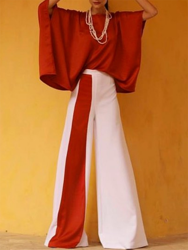 Ensemble deux pièces à manches chauve-souris, à manches mi-longues, à jambes larges, couleur unie, couleur contrastée – haut + pantalon