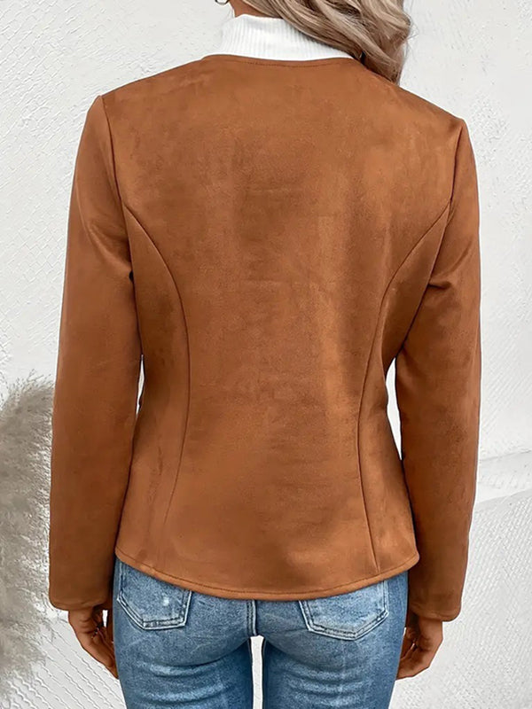 Veste ample à manches longues, à poches, à empiècements, à fermeture éclair, à col rond, couleur unie