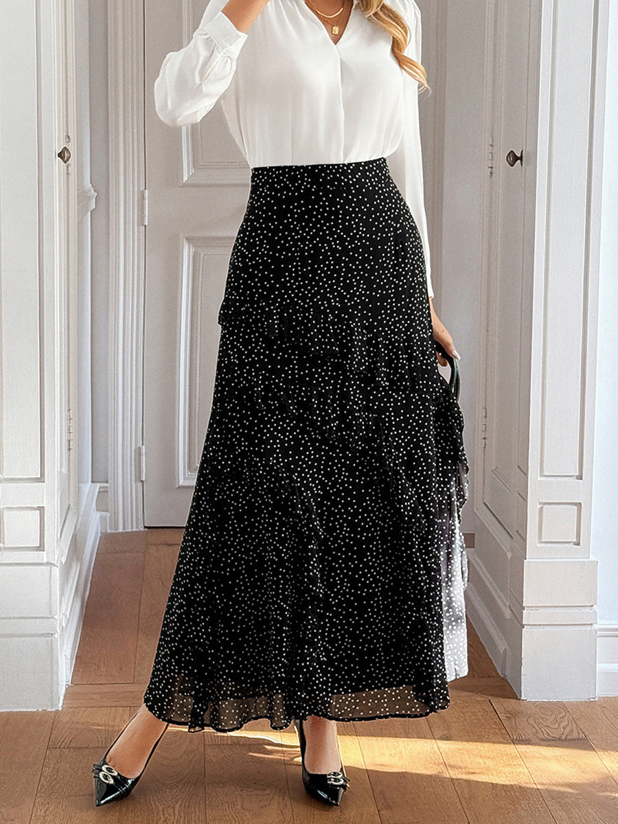 Jupe superposée volantée coupe trapèze, taille haute, à pois, à empiècements, couleur contrastée