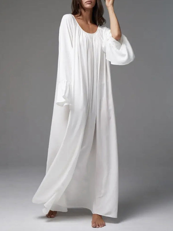 Robe longue ample plissée à manches évasées, à empiècements, à col rond, couleur unie