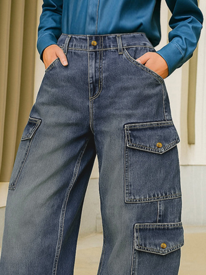 Jean ample boutonné taille haute, à poches, à empiècements, couleur unie