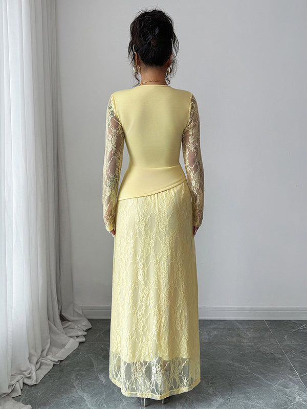 Robe longue asymétrique superposée transparente coupe trapèze, à coupe irrégulière, à imprimé floral, à empiècements, à col rond, couleur unie