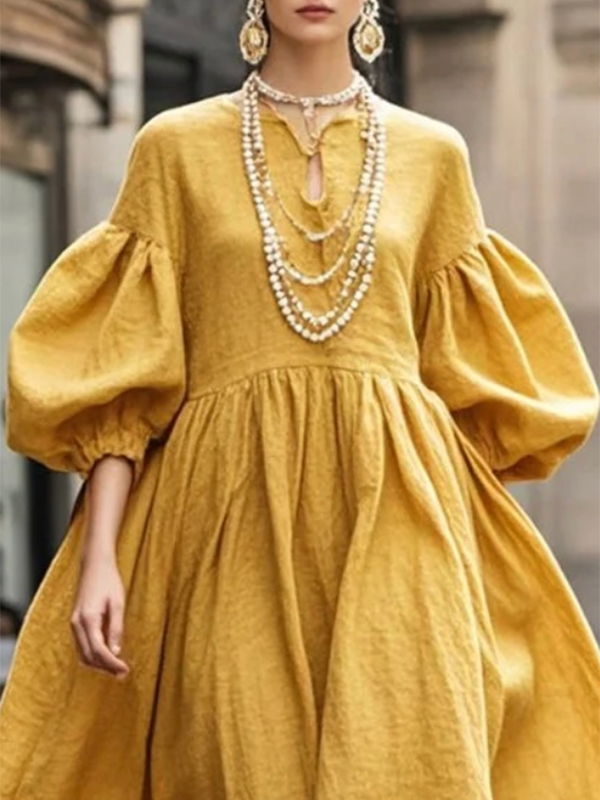 Robe longue ample à manches bouffantes, à col rond, couleur unie