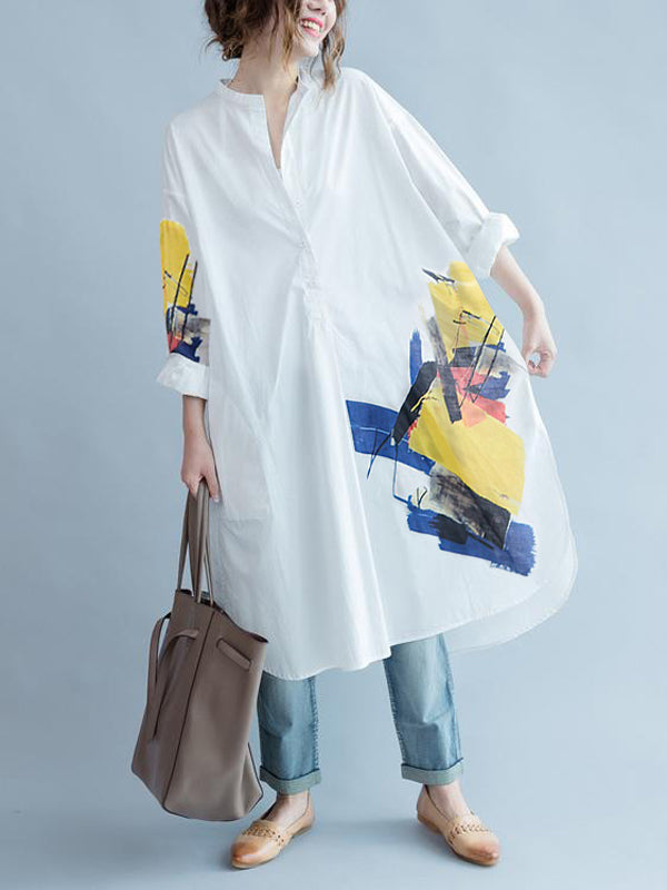 Robe chemise blanche asymétrique imprimée fendue sur le côté à manches longues