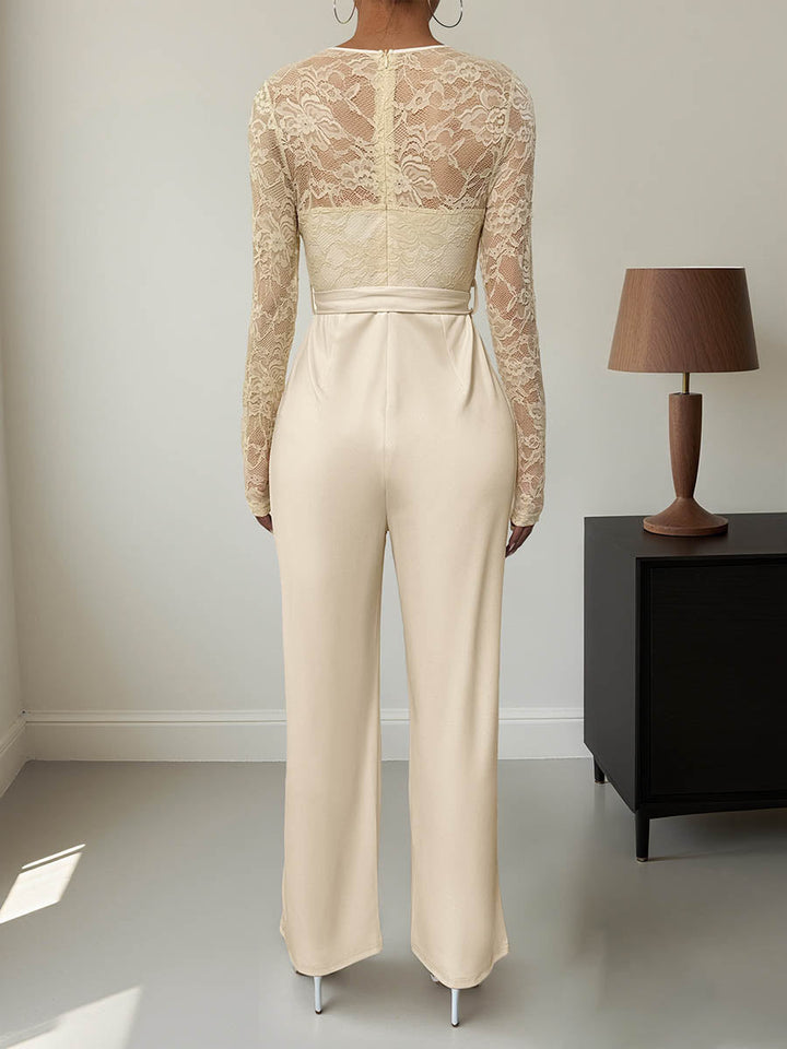 Combinaison transparente coupe droite, taille haute, à empiècements, à taille nouée, à col rond, couleur unie
