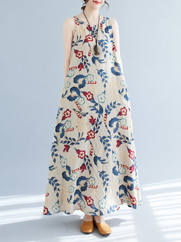 Robe longue ample sans manches, à imprimé floral, à col rond