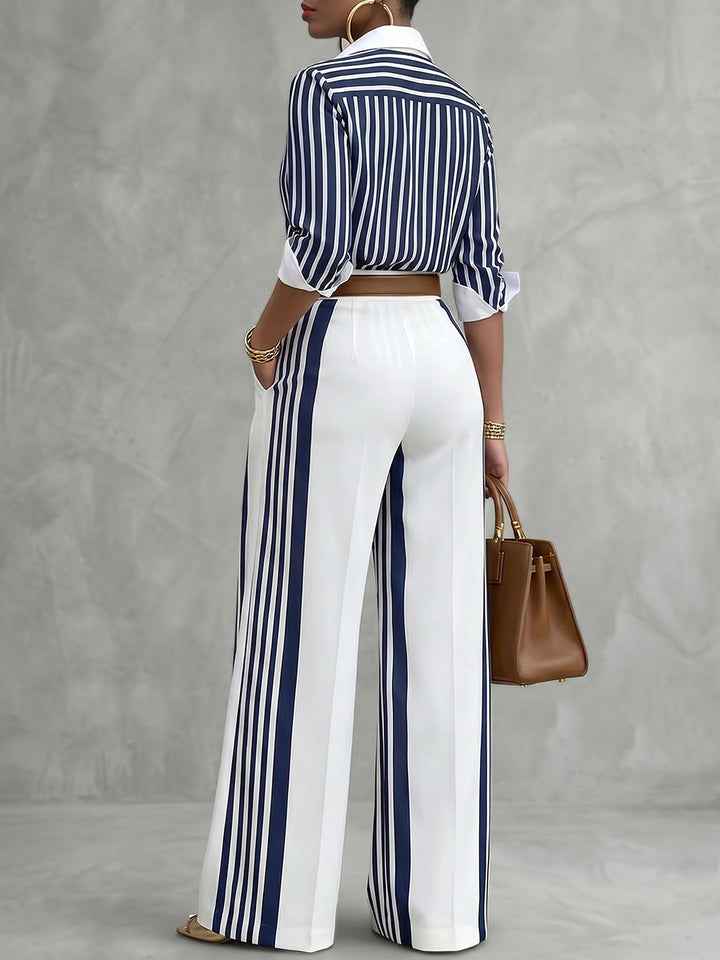 Pantalon taille haute, à jambes larges, sans ceinture, couleur contrastée
