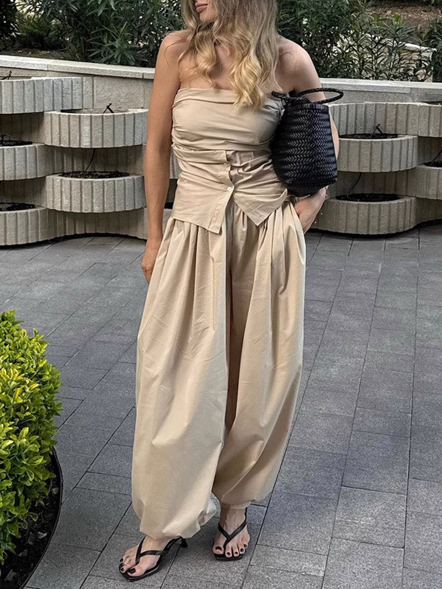 Pantalon resserré aux chevilles plissé à taille élastique, taille haute, à cordon de serrage, couleur unie
