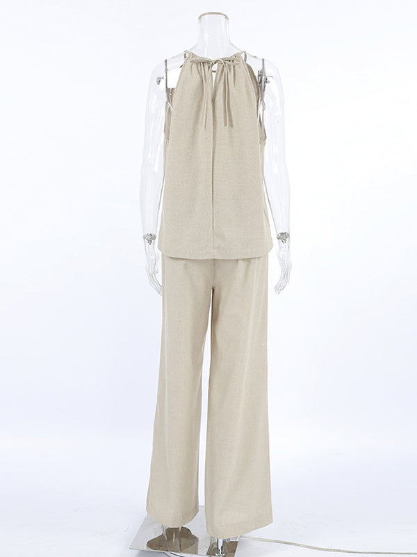 Gilet ample à col licou et pantalon taille haute élastique, ensemble deux pièces