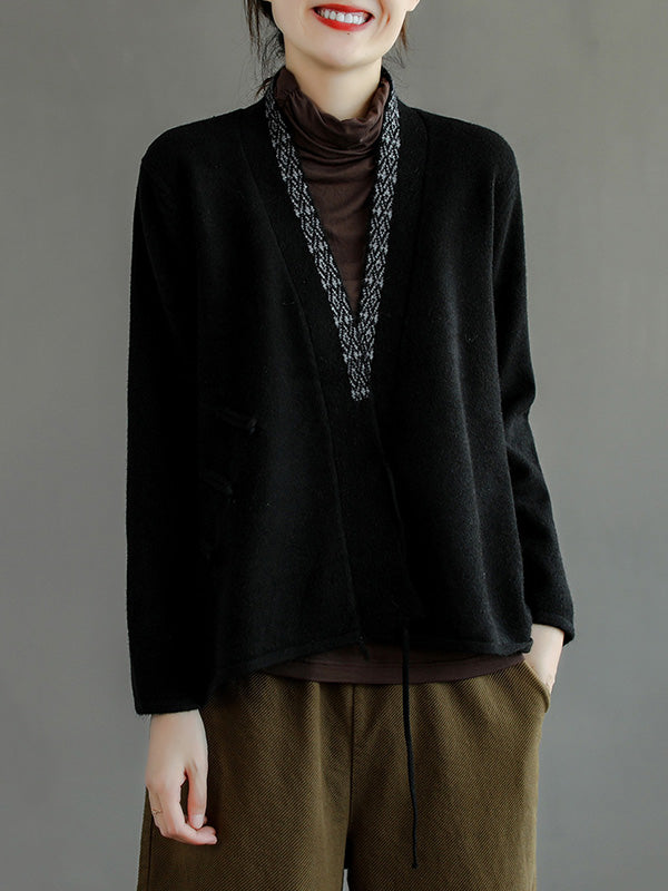 Haut cardigan vintage en laine mélangée brodé de couleur unie