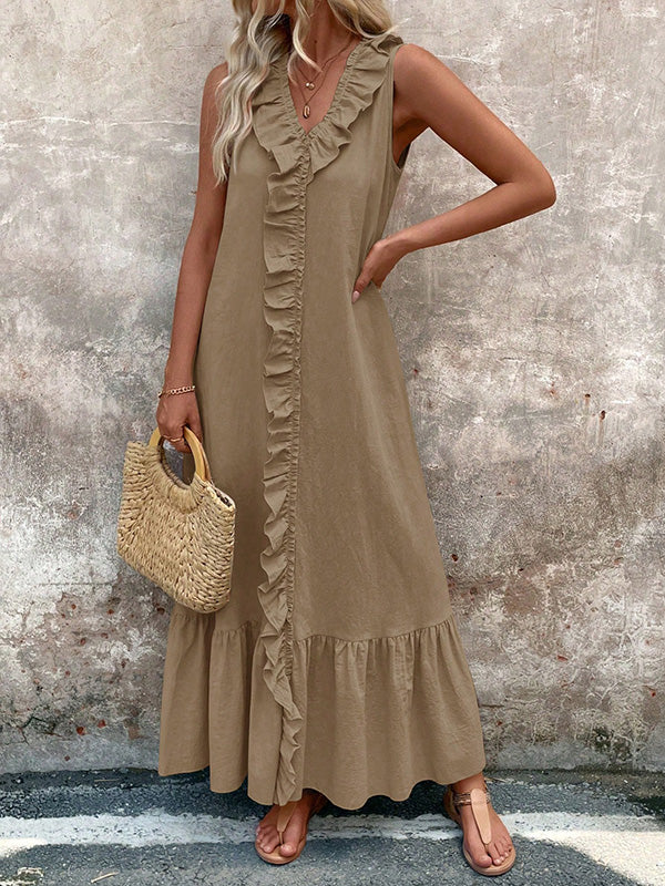 Robe longue ample plissée coupe trapèze, à bordure volantée, à col en V, couleur unie