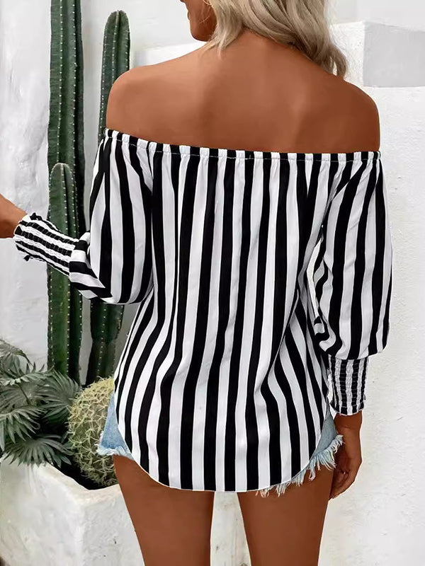 Chemisier ample rayé à manches longues, à taille élastique, à empiècements, à taille nouée, à épaules dénudées, couleur contrastée