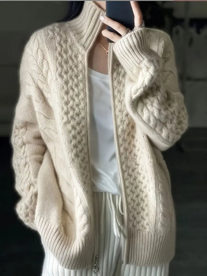 Chic, décontractée cardigan à motif torsadé avec fermeture éclair pour femmes