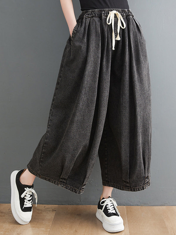 Pantalon en jean décontracté à jambes larges avec cordon de serrage