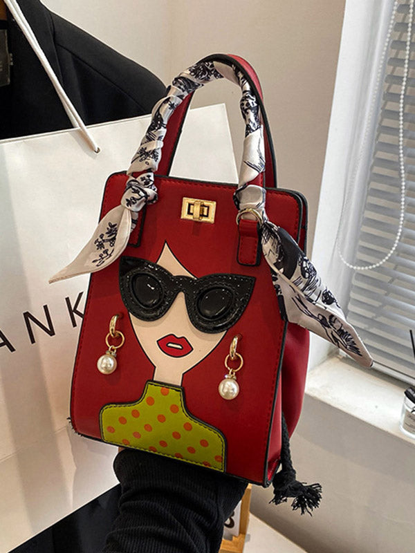 Sac à main imprimé à motifs figuratifs, à empiècements