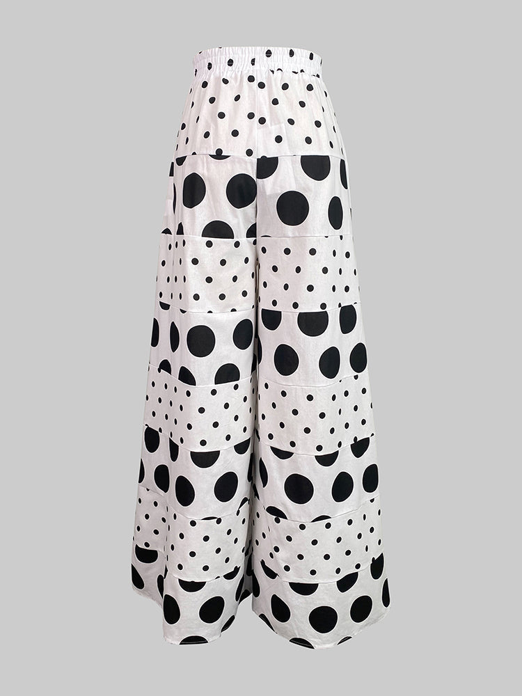 Pantalon ample taille haute, à taille élastique, à poches, à pois, à empiècements, couleur contrastée