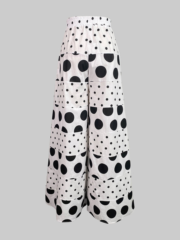 Pantalon ample taille haute, à taille élastique, à poches, à pois, à empiècements, couleur contrastée