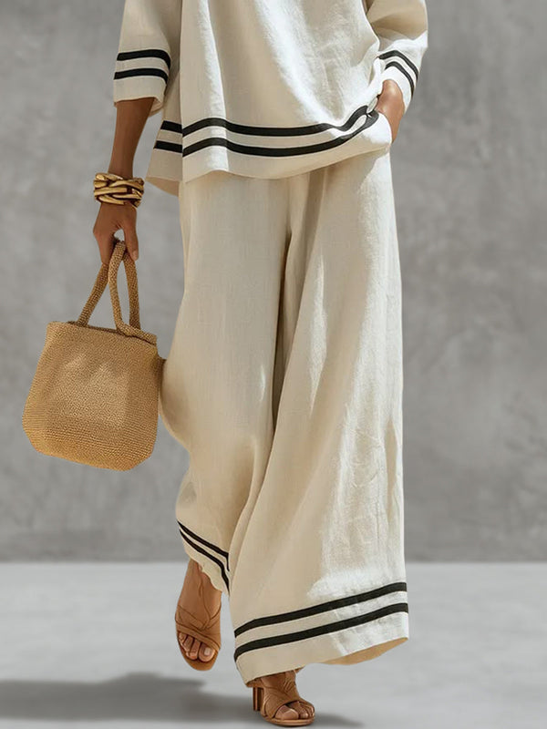 Pantalon rayé ample à poches, à jambes larges, couleur contrastée