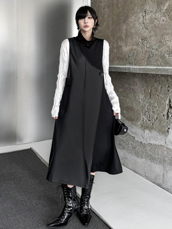 Robe mi-longue ample asymétrique boutonnée à coupe irrégulière, à empiècements, à col haut, couleur unie