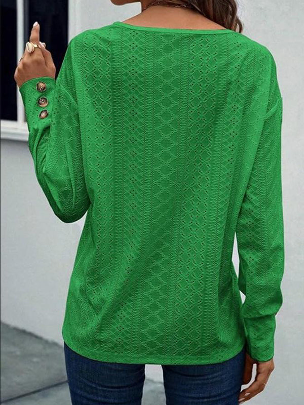 T-shirt ample boutonné à manches longues, à col en V, couleur unie