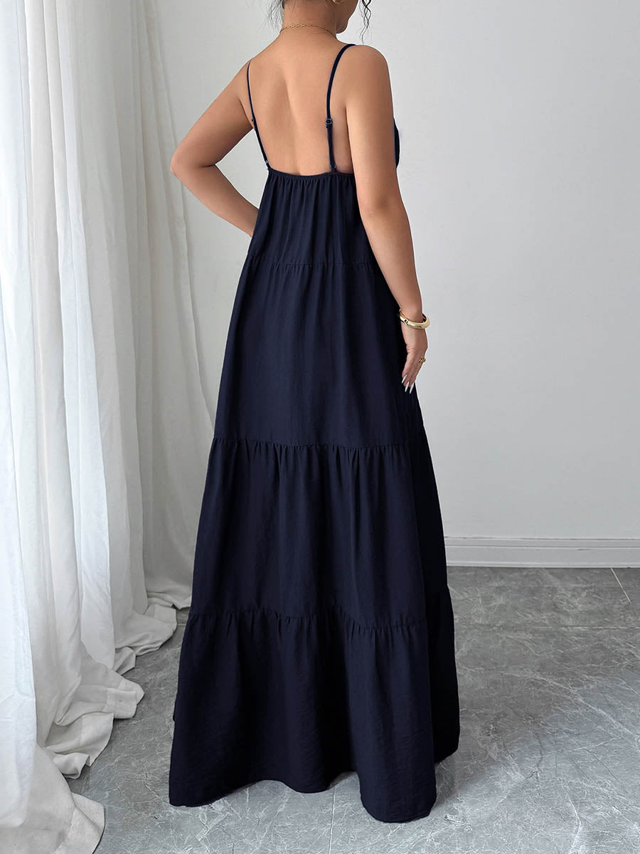 Robe longue plissée coupe trapèze, sans manches, dos nu, à cordon de serrage, à fines bretelles, couleur unie