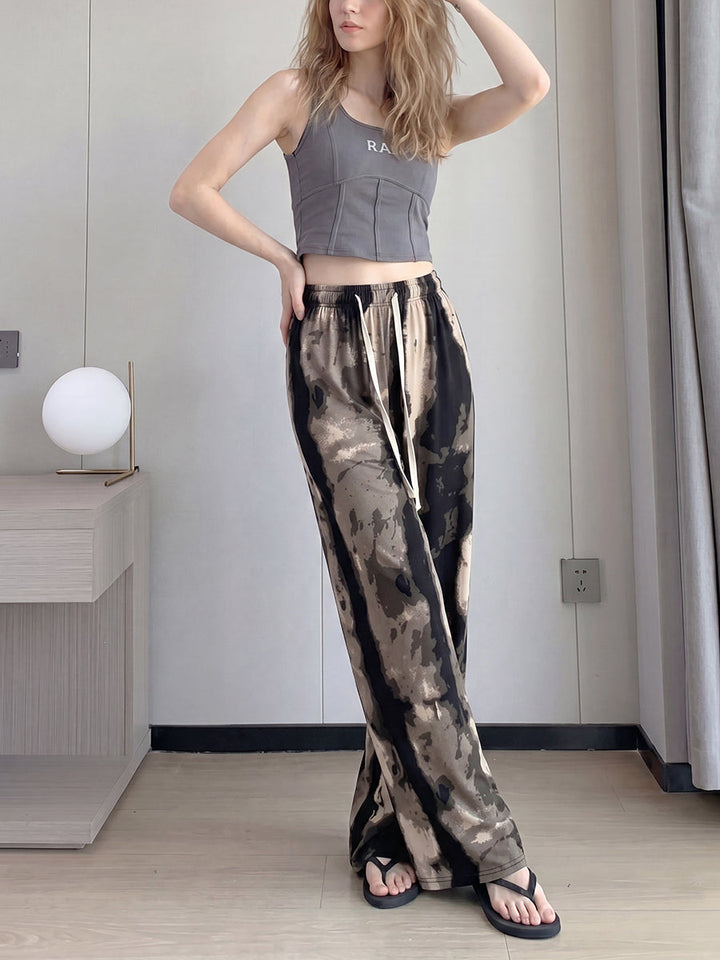 Pantalon imprimé taille haute, à jambes larges, à cordon de serrage, à taille élastique