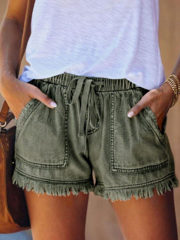 Short décontracté à cordon de serrage, taille haute, en jean, à franges