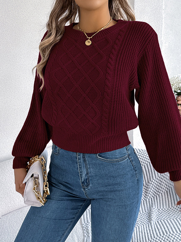 Taille élastiquée manches longues câble tricot couleur unie col rond haut en tricot pull hauts