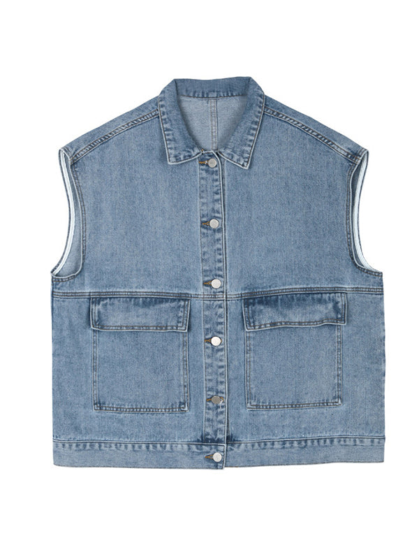 Gilet sans manches simple à empiècements, en jean, couleur unie