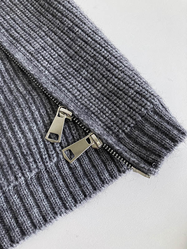 Pull ample fendu sur le côté à manches longues, à empiècements, à fermeture éclair, à col haut