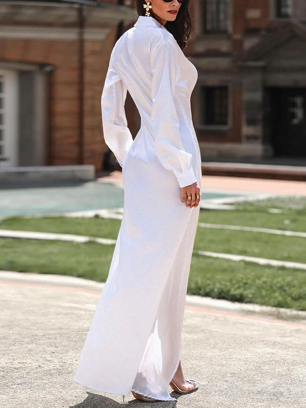 Robe chemise boutonnée plissée fendue devant à manches longues, à boucle, à col revers, couleur unie