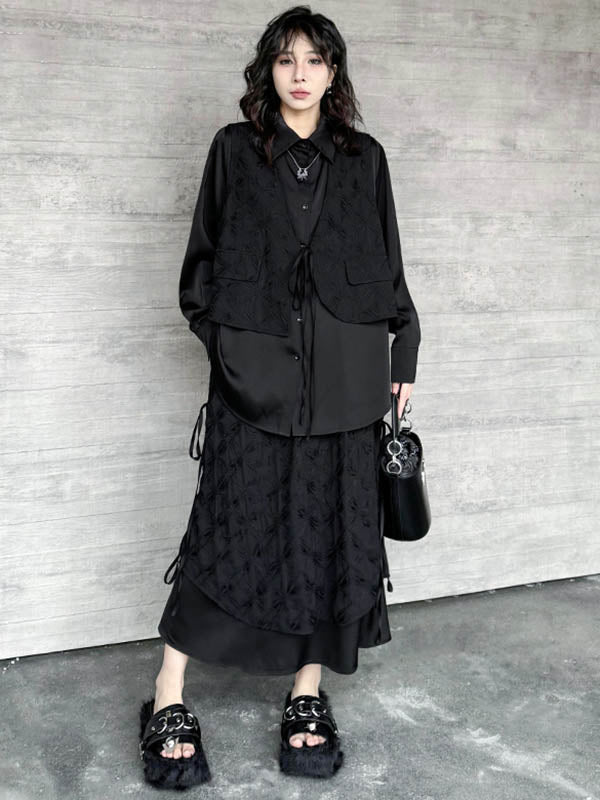 Ensemble deux pièces asymétrique boutonné à empiècements, à cordon de serrage, à imprimé floral, effet deux pièces, à col revers, à poches, à taille élastique, à double rang, couleur unie – chemisier + jupe