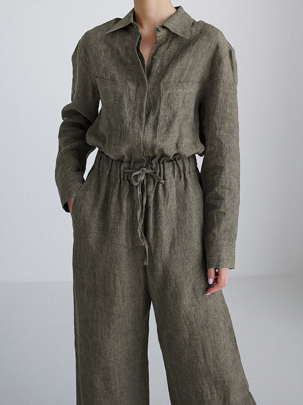 Combinaisons en lin urbain avec cordon de serrage, taille élastique, jambes larges, manches longues