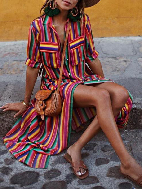 Robe chemise ample rayée à manches longues, à empiècements, à col revers