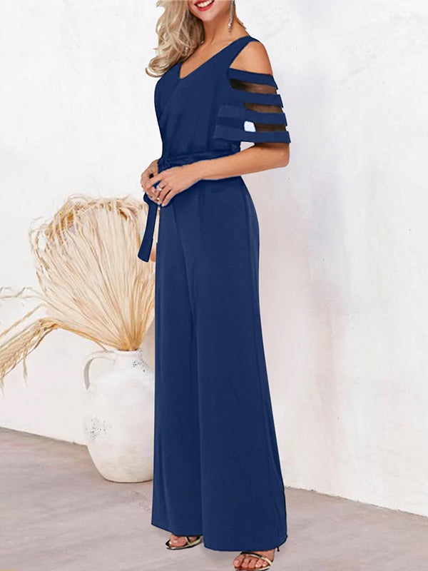 Combinaison ample ajourée taille haute, en résille, à taille nouée, à col en V, couleur unie