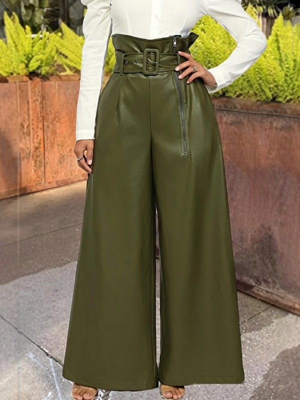 Pantalon à fermeture éclair, à poches, à boucle de ceinture, à jambes larges, taille haute, couleur unie