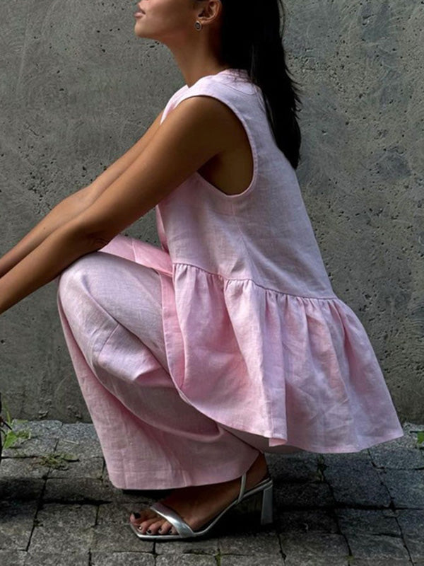 Ensemble deux pièces ample sans manches plissé à col en v + pantalon
