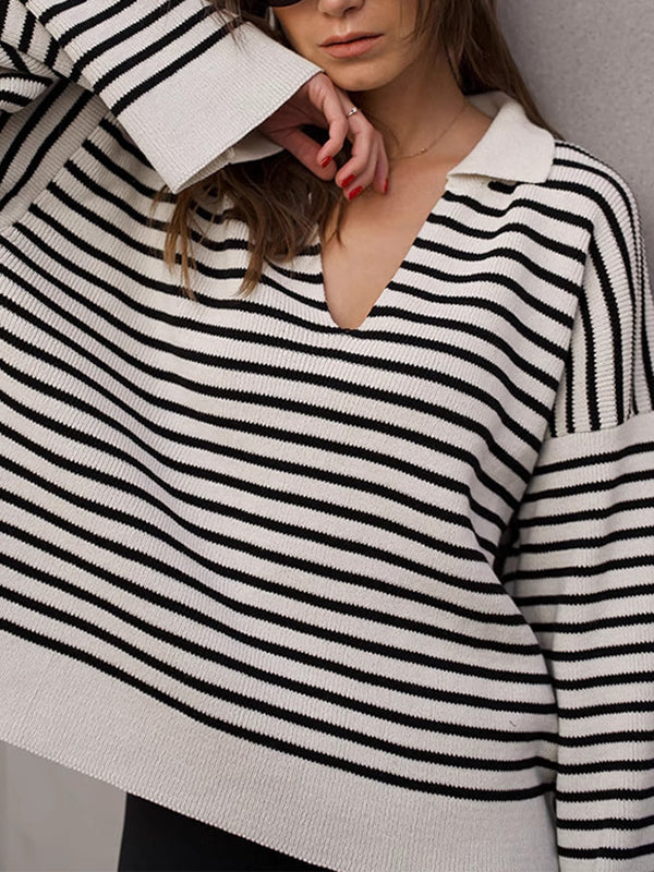 Pull ample rayé à manches longues, à empiècements, à col revers
