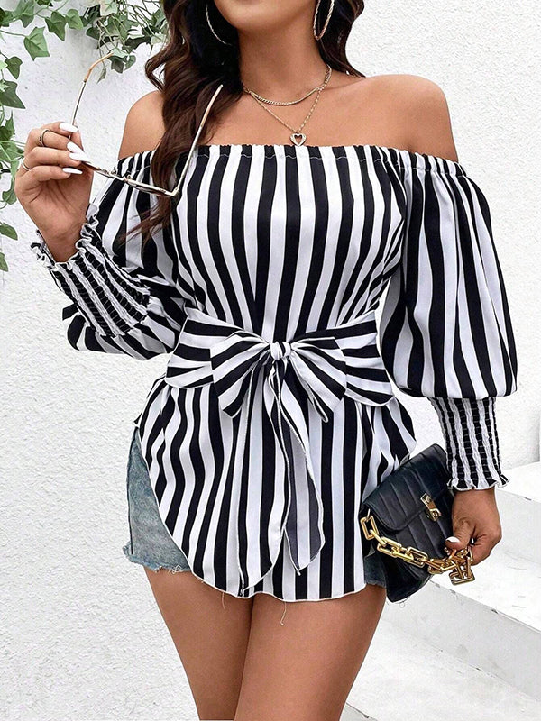 Chemisier ample rayé à manches longues, à taille élastique, à empiècements, à taille nouée, à épaules dénudées, couleur contrastée