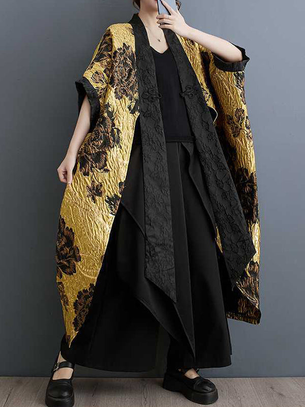 Manches chauve-souris, amples, ornés de fleurs, boutons de grenouille chinoise, plissés, col en V, vêtements d'extérieur