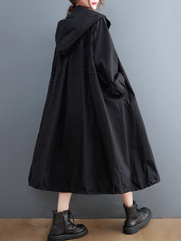 Trench-Coat décontracté à capuche, couleur unie, ample, fermeture éclair, cordon de serrage, manches longues